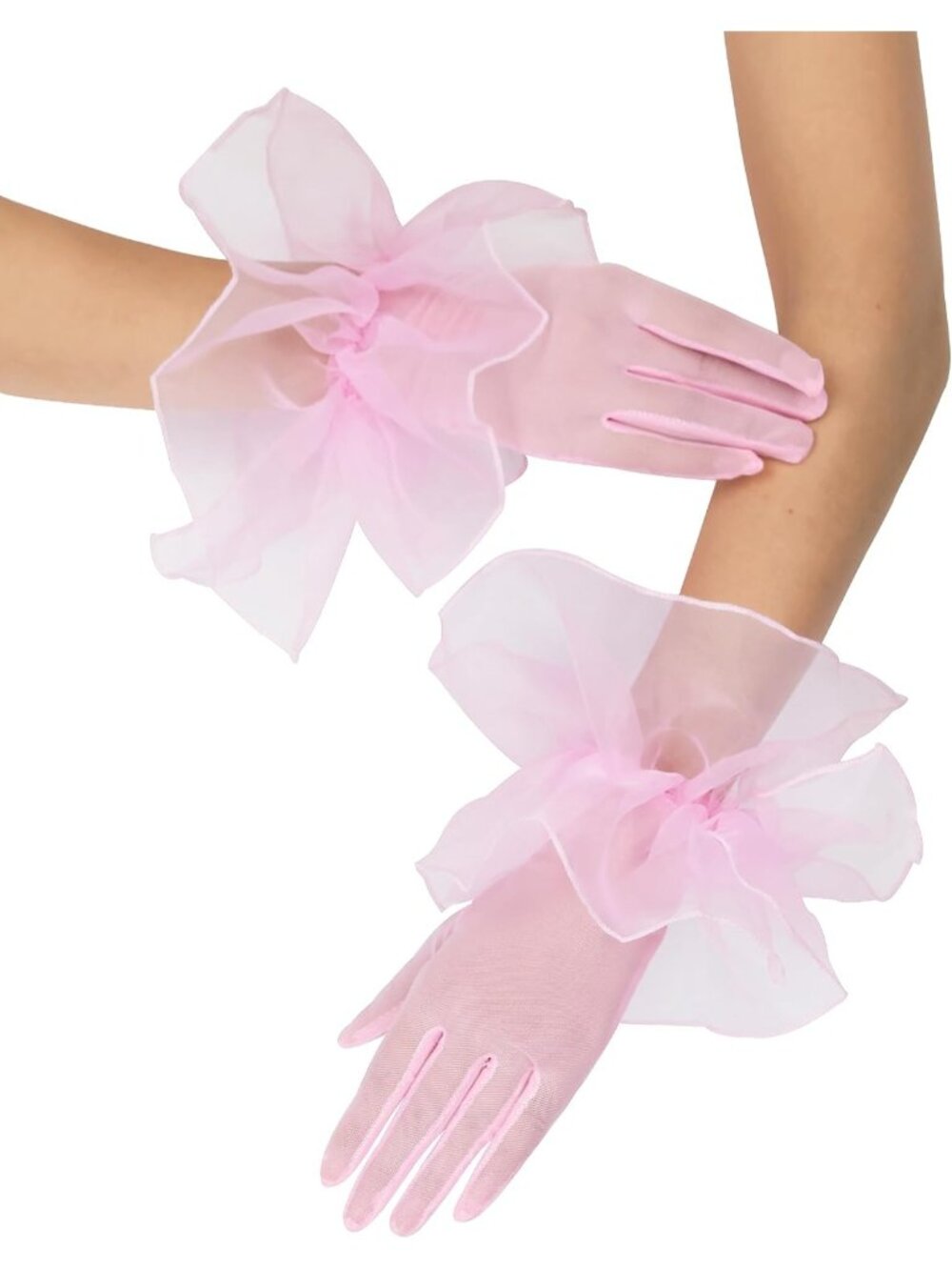 Women's Pink 1920s Flapper Stretchy Ruffles Sheer Opera Party Short Mesh Gloves